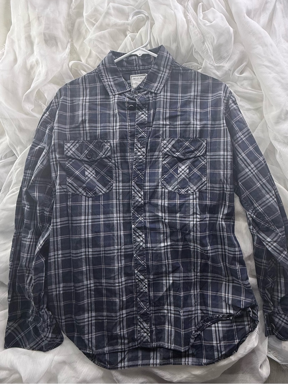 Billy Reid Navy and White Plaid Button-Down Shirt